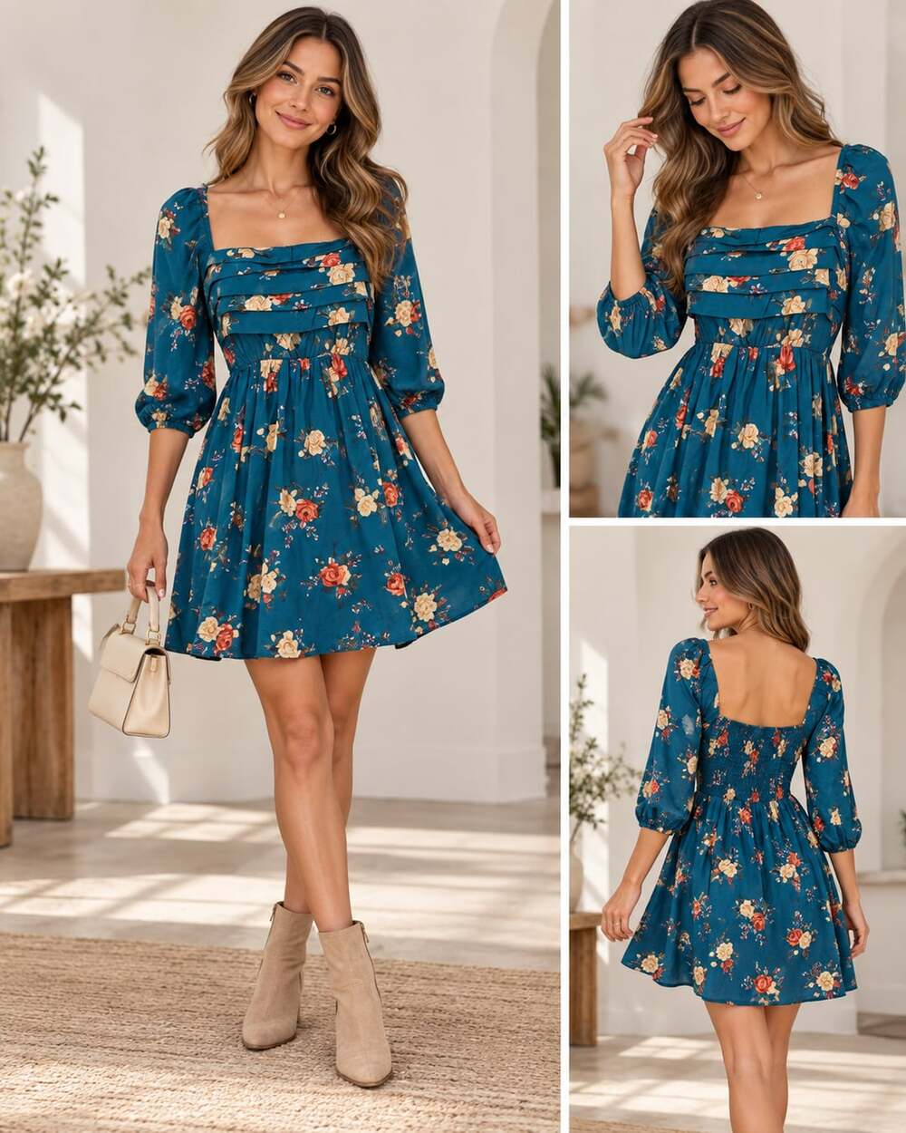 AS U WISH Blue Floral Smocked Square Neck Mini Dress Size L